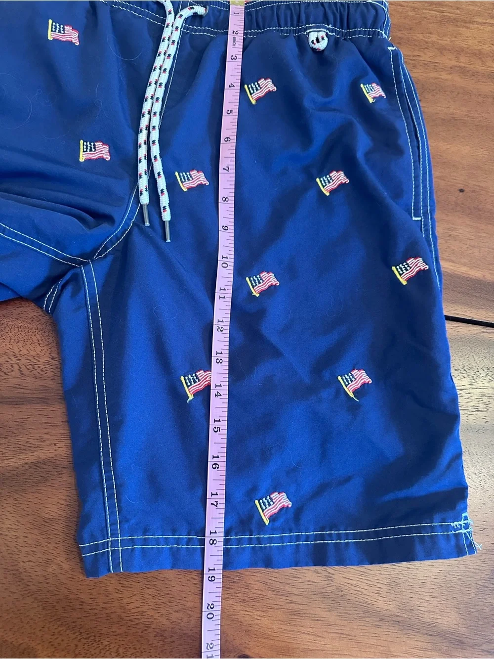 Lands End Patriotic 4th of July blue Embroidered USA Flag Swim Trunks Shorts